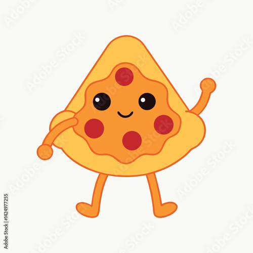 Kawaii-style pizza slice with big sparkling eyes, rosy cheeks, tiny smiling mouth, gooey cheese dripping with cute hearts on top, toppings shaped like stars, isolated on white background 