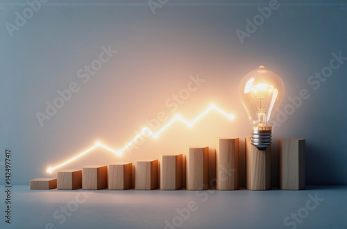 Illuminated lightbulb atop rising wooden blocks chart with glowing line illustrates business growth, idea generation, and progress towards goals.