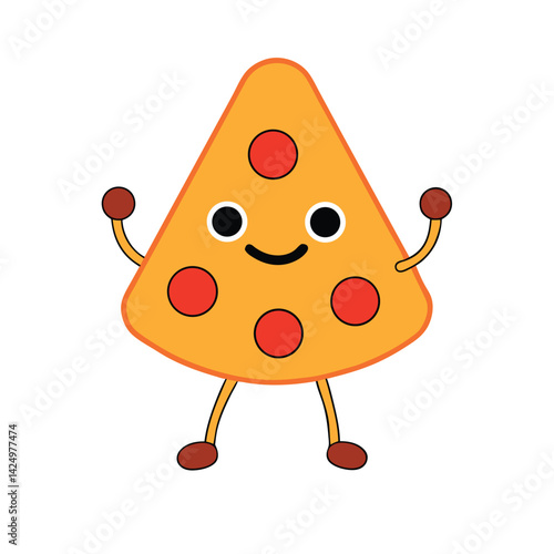 Kawaii-style pizza slice with big sparkling eyes, rosy cheeks, tiny smiling mouth, gooey cheese dripping with cute hearts on top, toppings shaped like stars, isolated on white background 