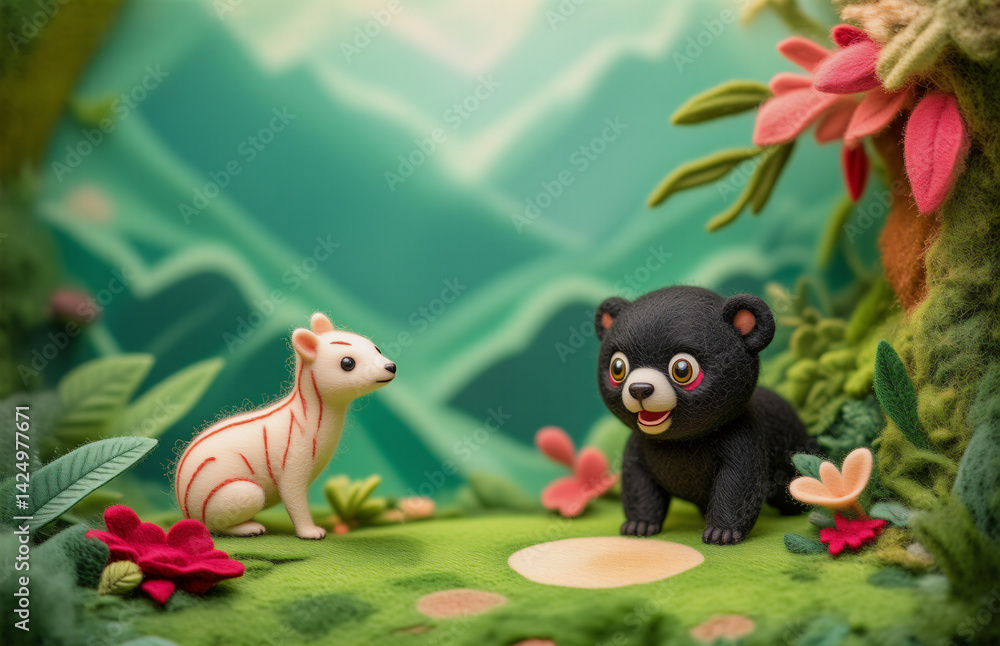Obraz premium A cute, clay-like image featuring two charming animals in a vibrant jungle setting. One striped animal gazes at a playful black bear cub surrounded by colorful plants and greenery, nestled in nature.
