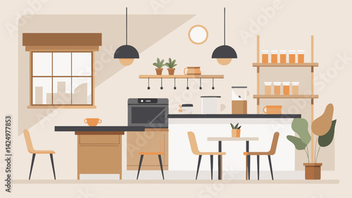 A minimalist design with white walls and light wood furniture this coffee shop exudes a simple yet cozy atmosphere..