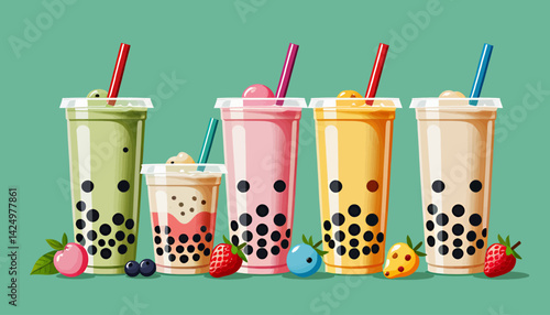 Delicious Bubble Tea Flavors_ Matcha_ Strawberry_ Mango_ and Classic Milk Tea Boba Drinks with Tapioca Pearls_ Refreshing Beverages_ Colorful and Fun_ Perfect for Boba Lovers
