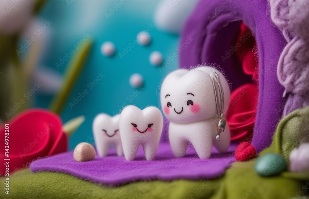 Fototapeta premium A whimsical illustration depicts friendly tooth characters with charming expressions in a vibrant, colorful environment. Hints of fantasy abound, suggesting a playful dental world.