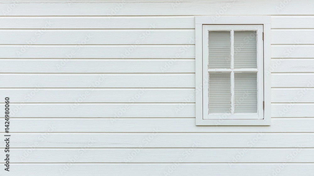 A simple white wooden wall features a small window with shutters, creating a clean and minimalist aesthetic. A simple white wooden wall features a small window with shutters, creating a clean and minimalist aesthetic.