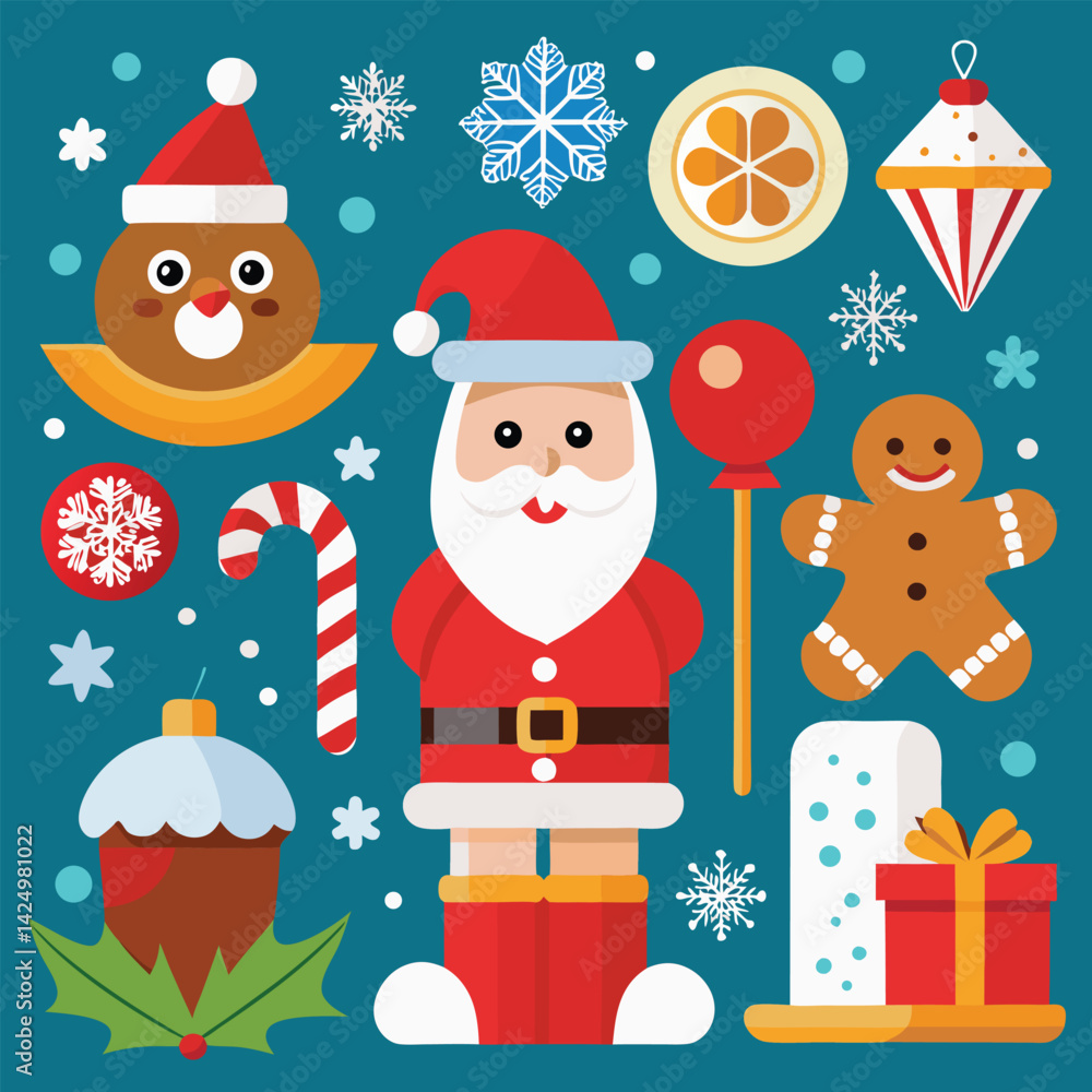 Fototapeta premium Flat Design Christmas Icons Santa Gingerbread Ornaments