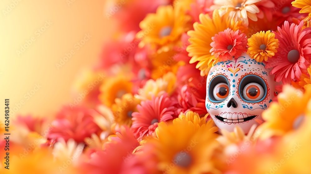 Sugar Skull Amidst Vibrant Marigold Flowers Day of the Dead Sugar Skull Amidst Vibrant Marigold Flowers Day of the Dead
