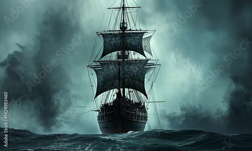 Dark ship in a stormy sea.
