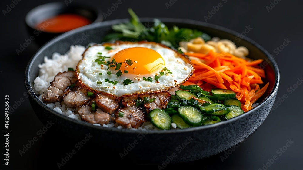 Savory Bibimbap Rice Bowl with Fried Egg and Assorted Vegetables Savory Bibimbap Rice Bowl with Fried Egg and Assorted Vegetables