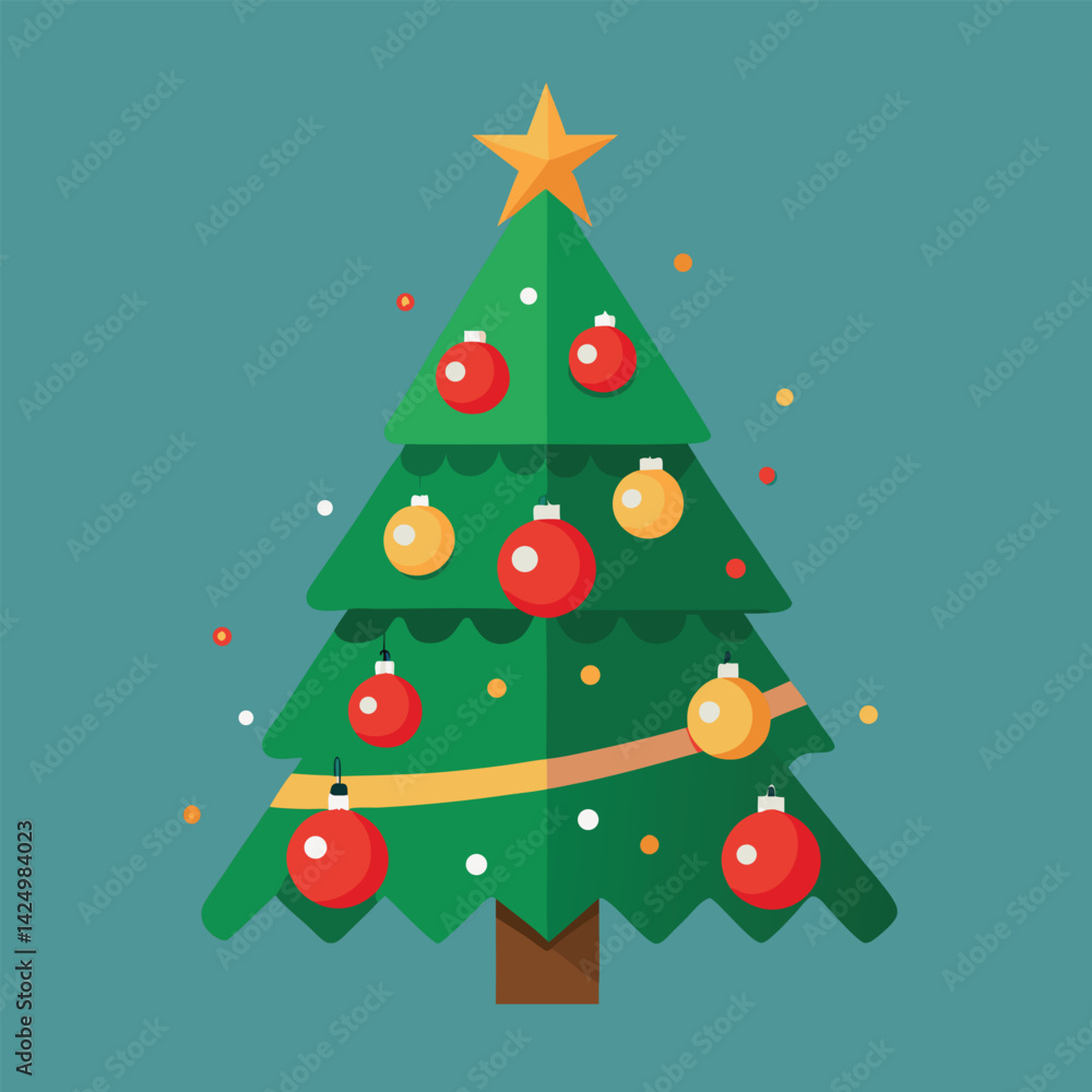 Simple Flat Design Christmas Tree with Ornaments and Star Simple Flat Design Christmas Tree with Ornaments and Star