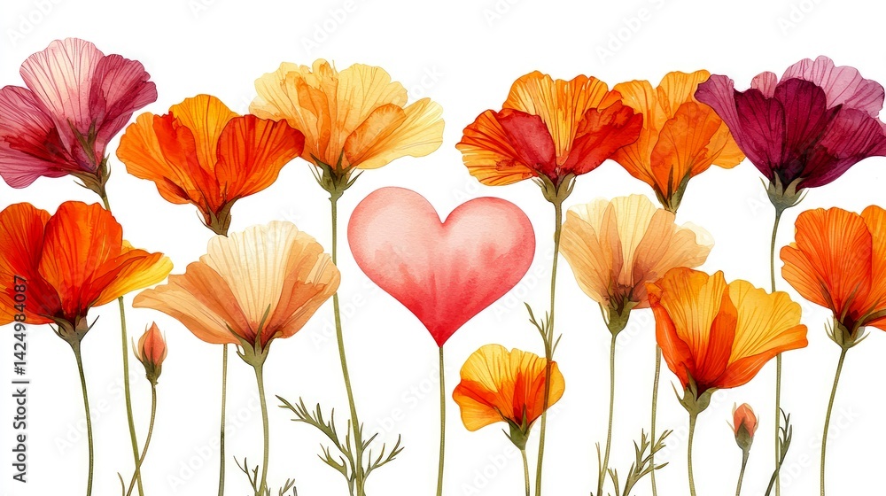 Obraz premium Watercolor Poppies and Heart: Romantic Floral Art
