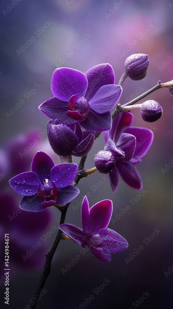 Naklejka premium Deep Purple Orchid Blooms with Water Droplets in Soft Light