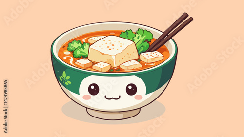 Chibi Miso Soup Vector Icon – Cute Kawaii Japanese Soup Bowl with Tofu and Scallions