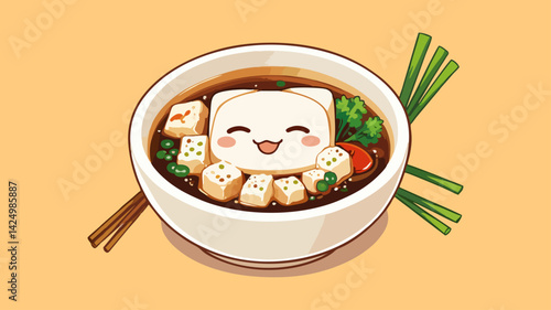 Chibi Miso Soup Vector Icon – Cute Kawaii Japanese Soup Bowl with Tofu and Scallions