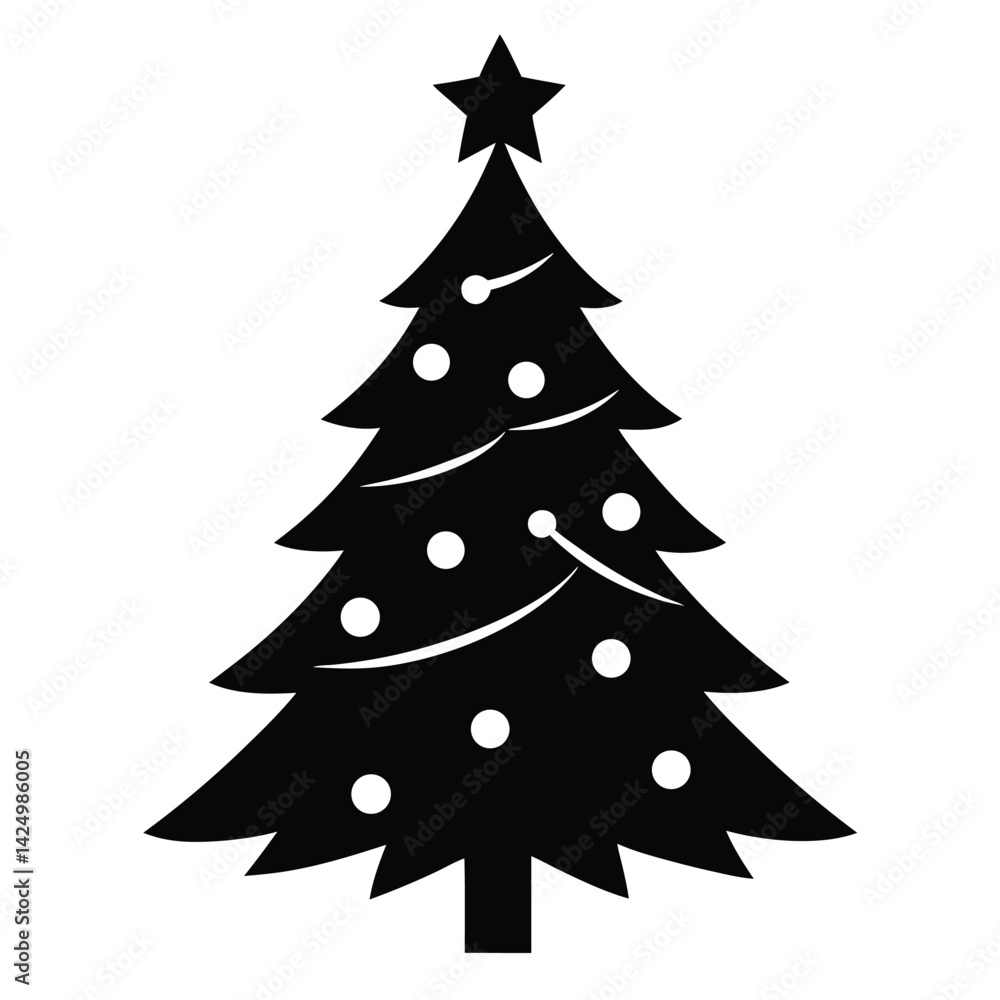 Simple Black Silhouette Christmas Tree with Star and Ornaments Simple Black Silhouette Christmas Tree with Star and Ornaments