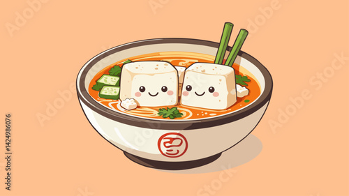 Chibi Miso Soup Vector Icon – Cute Kawaii Japanese Soup Bowl with Tofu and Scallions