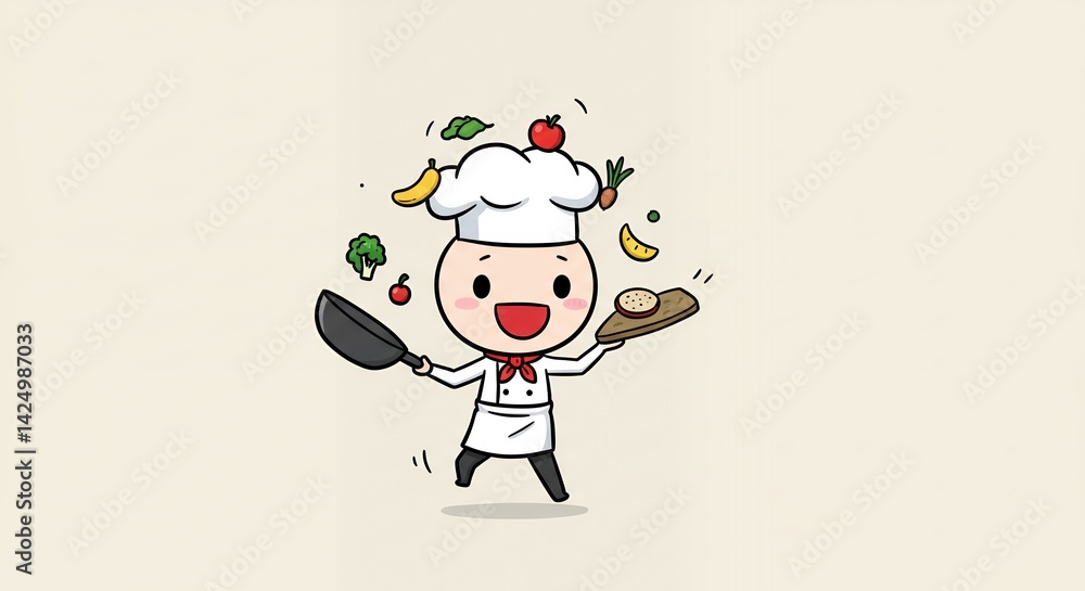 Animated Kawaii Chef Tossing Food Cartoon with Kitchen Utensils on Plain Background, A Playful Culinary Art Illustration for Earth Day Animated Kawaii Chef Tossing Food Cartoon with Kitchen Utensils on Plain Background, A Playful Culinary Art Illustration for Earth Day