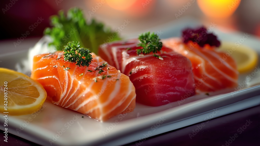 Salmon and Tuna Sashimi with Lemon and Garnish on a Plate Salmon and Tuna Sashimi with Lemon and Garnish on a Plate