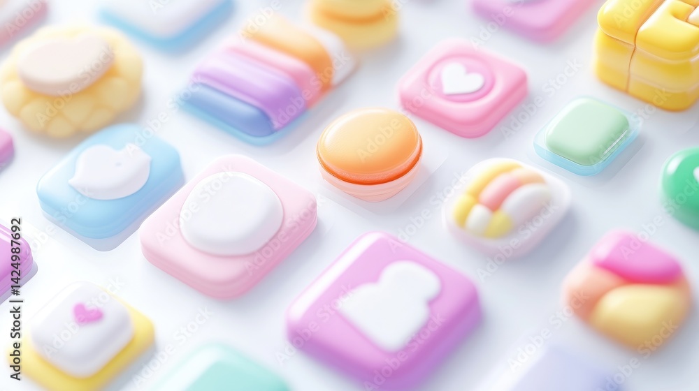 Pastel-colored, 3D app icons, social media, and food themed Pastel-colored, 3D app icons, social media, and food themed