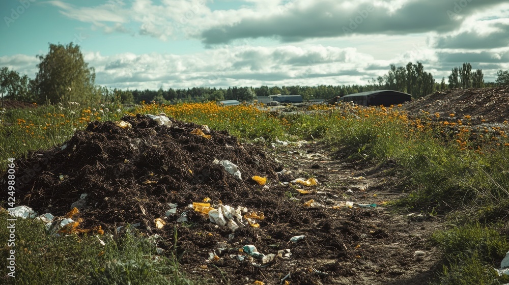 Obraz premium Manure pile with scattered trash in a field.