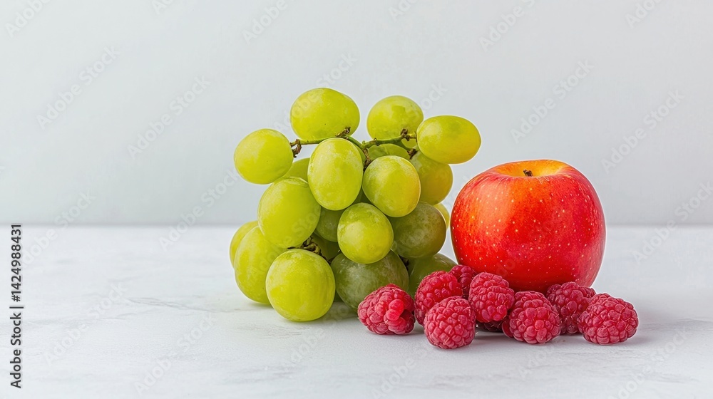 A fresh arrangement of green grapes, a red apple, and raspberries on a light background, showcasing vibrant colors and healthy choices. A fresh arrangement of green grapes, a red apple, and raspberries on a light background, showcasing vibrant colors and healthy choices.