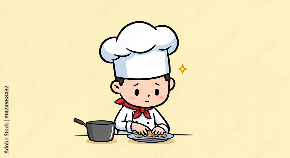 Cartoon Stick Figure Chef in Kawaii Style Checking Food Texture with Pot on Yellow Background Cartoon Stick Figure Chef in Kawaii Style Checking Food Texture with Pot on Yellow Background