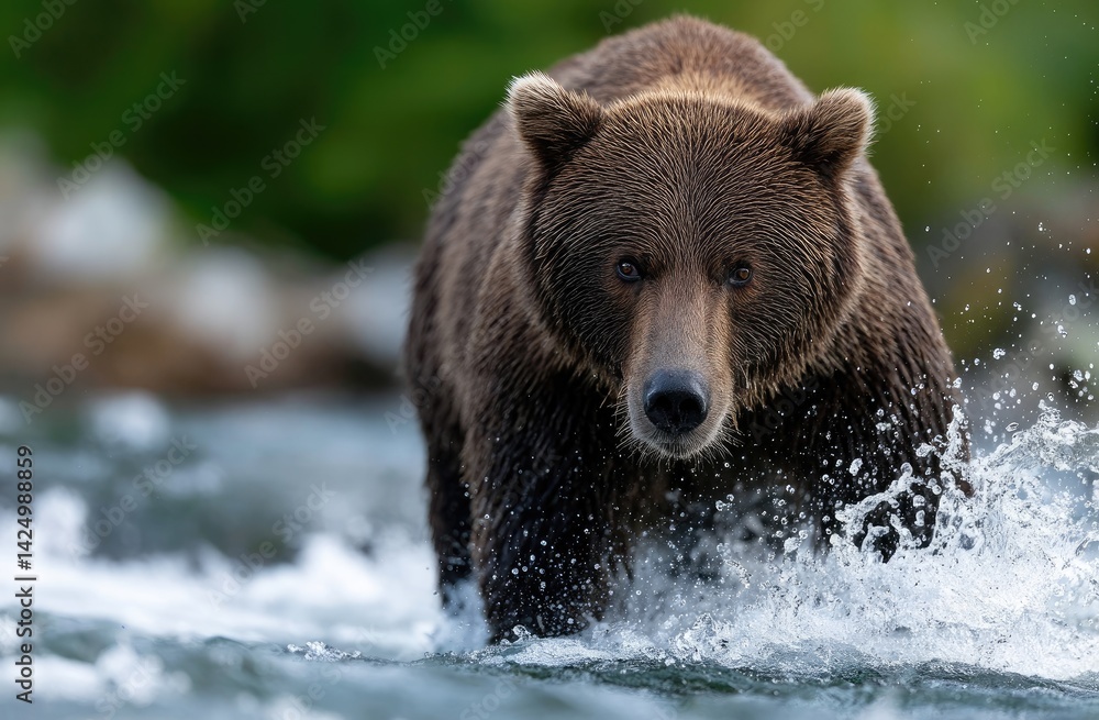 A bear catching salmon in the waterfall of Alaska A bear catching salmon in the waterfall of Alaska