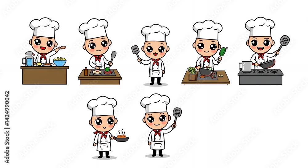 Cute Kawaii Style Cartoon Stick Figure Chefs in Various Cooking Positions on White Background Cute Kawaii Style Cartoon Stick Figure Chefs in Various Cooking Positions on White Background