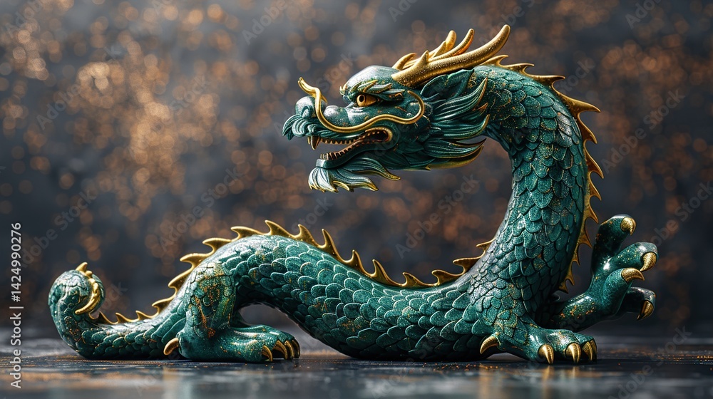 Obraz premium Detailed green dragon sculpture with golden accents on a dark background HD 8K wallpaper Photographic Image