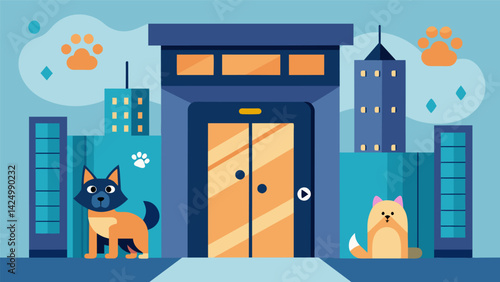 A petfriendly hotel features biometric elevators and hallways to allow guests and their furry companions easy and secure access.. Vector illustration