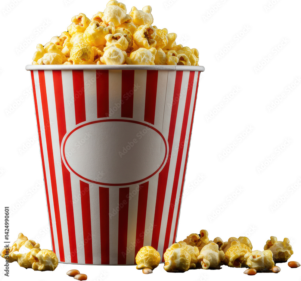 Striped popcorn bucket with spilled popcorn kernels