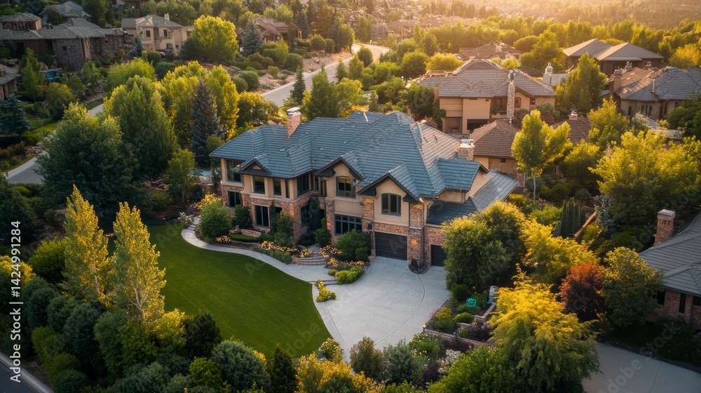 Aerial view of a luxurious house in a residential area during sunset. Aerial view of a luxurious house in a residential area during sunset.