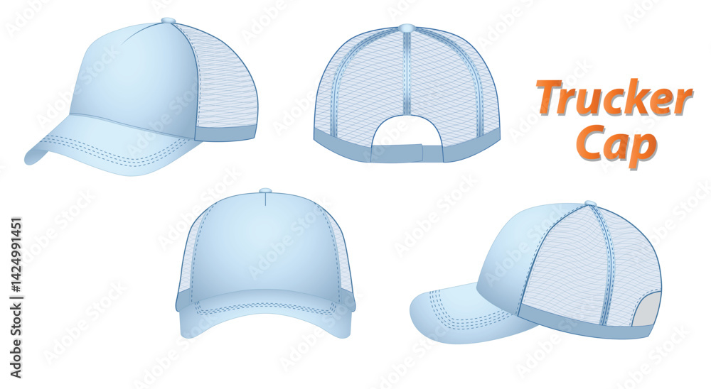 Set of Realistic Trucker cap Dimensions, Various Hat Dimensions, Design and Structure Illustration, isolated on white Set of Realistic Trucker cap Dimensions, Various Hat Dimensions, Design and Structure Illustration, isolated on white