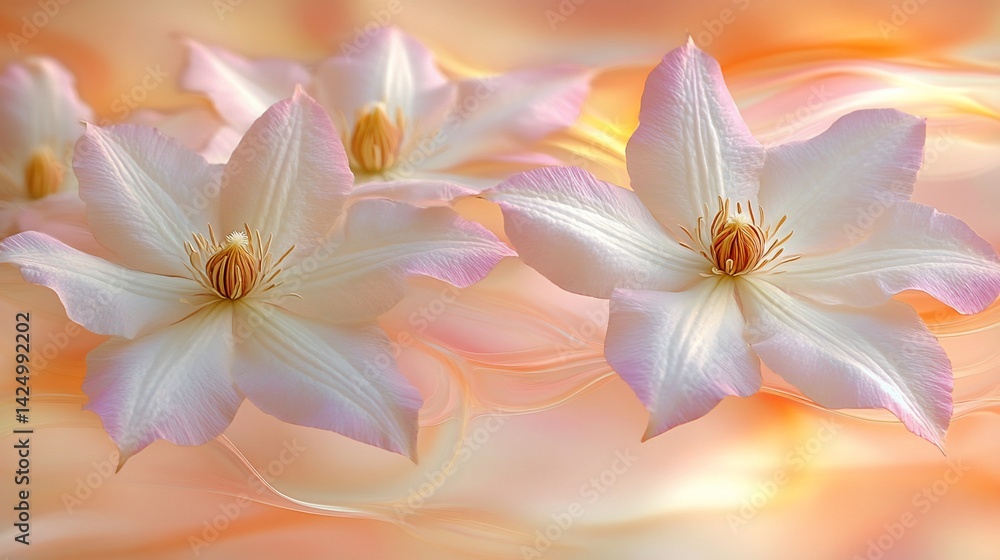 Fototapeta premium Blooming clematis flowers float on swirling orange background