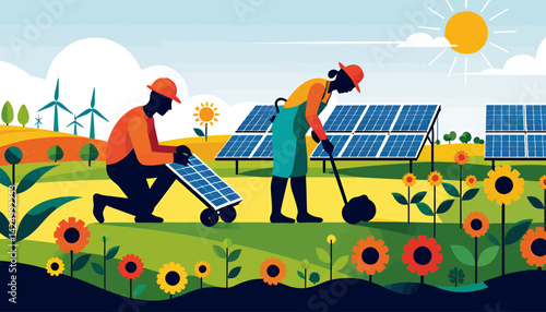 Renewable Energy Illustration_Solar Panel Installation with Wind Turbines and Sunflowers_Sustainable Future_Eco Friendly Power Generation