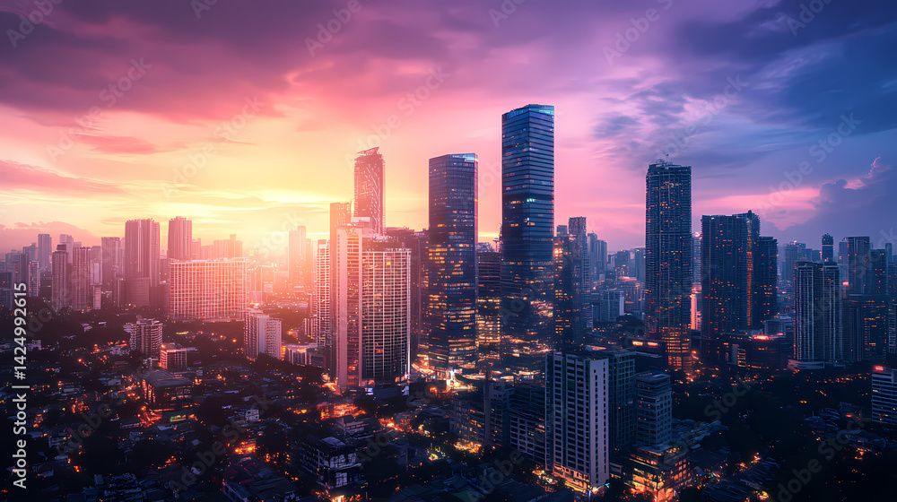 Stunning skyscrapers and historic building at sunset in modern cityscape. Horizon Pillar. Illustration Stunning skyscrapers and historic building at sunset in modern cityscape. Horizon Pillar. Illustration