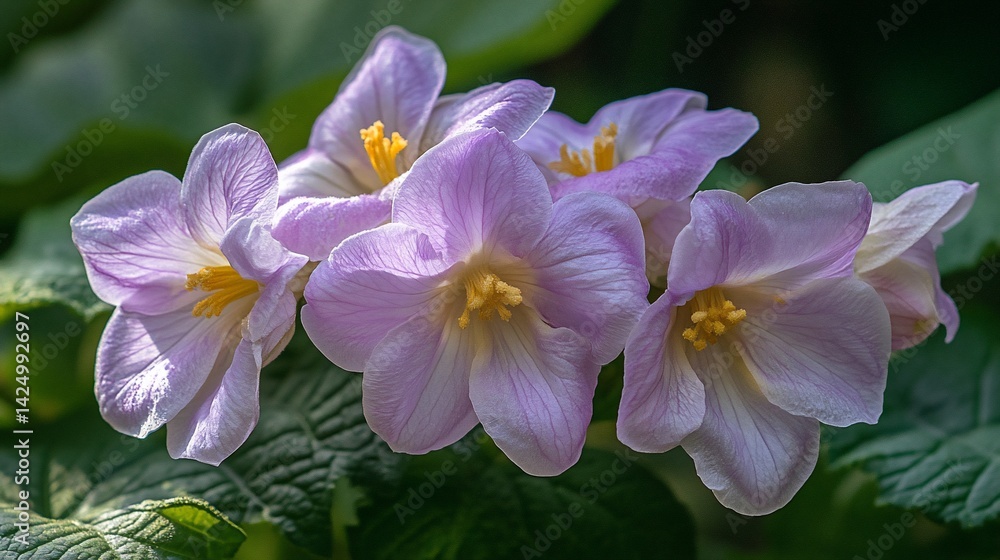 Obraz premium Blooming light purple flower cluster, sunny garden foliage, floral garden background