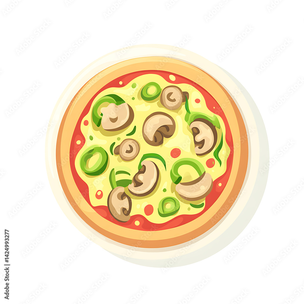 A flat design pizza with mushrooms and green pepp A flat design pizza with mushrooms and green pepp