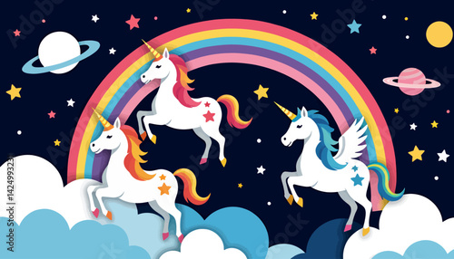 Magical Unicorns_Rainbow_Stars and Planets_Fantasy Art for Kids_Cute Unicorn Illustration_Dreamy Scene with Unicorns Flying Amongst the Stars_Adorable Unicorn Wallpaper
