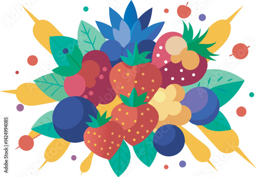 A vibrant vector art illustration featuring an explosion of assorted berries in vivid colors, perfect for summer-themed or fruity design projects.