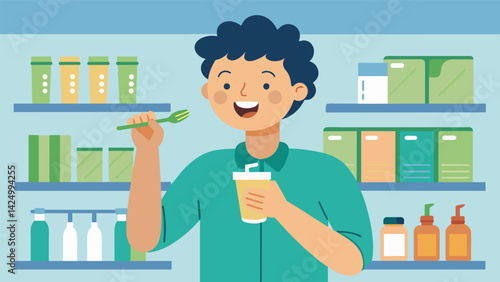 A customer excitedly trying out a new bamboo toothbrush and refillable dental floss at the ecofriendly stores personal care section.. Vector illustration