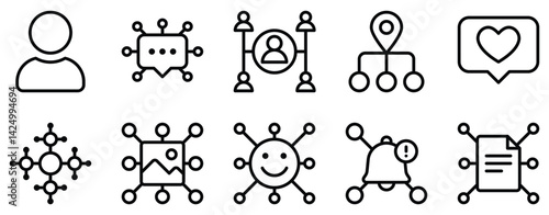 Social Network Icon Set Line Style Collection representing online connections and digital communication suitable for social media platforms community building and networking applications
