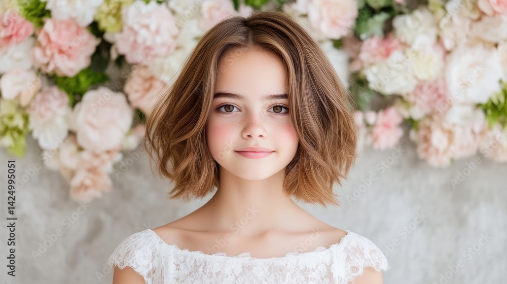 Naklejka premium Portrait of a girl with short brown hair and a sweet smile against a backdrop of flowers