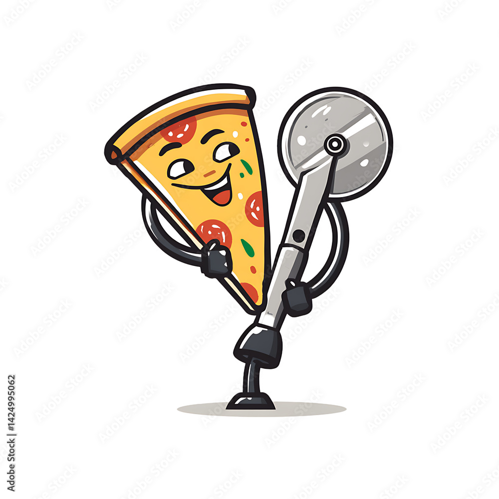 Obraz premium A pizza cutter with arms and face slicing a pizza