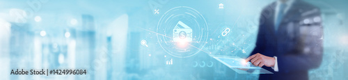 Cuadro en lienzo Digital Payments: Businessman using tablet and analysis data of transaction history, payment gateways, mobile wallets, encryption methods, and financial technology on global network