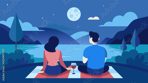 A couple sits on a picnic blanket sipping wine and discussing their hopes and dreams while watching the moons reflection dance on the lakes surface..