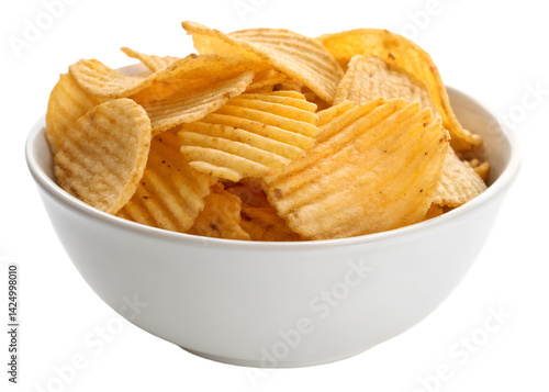 White ceramic bowl filled with golden crispy ridged potato chips, perfectly textured and crunchy snack presentation, isolated on transparent background.