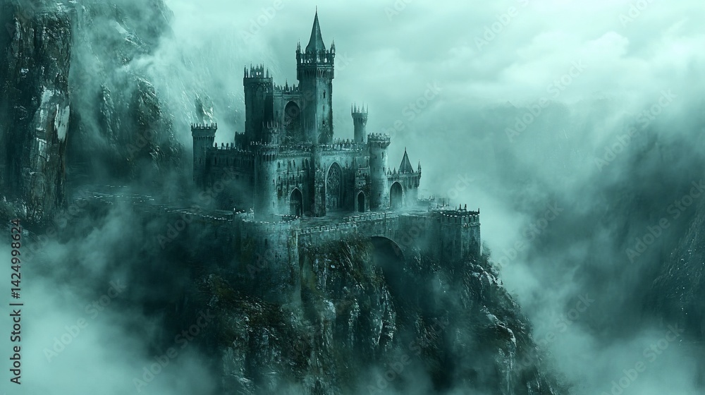 Fototapeta premium Castle atop mountain peak engulfed in fog, moody sky background, dramatic