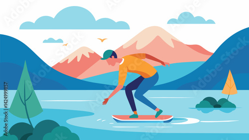 A skater dipping their toes in a cool lake after a hot day of skating the perfect way to end a funfilled day.. Vector illustration