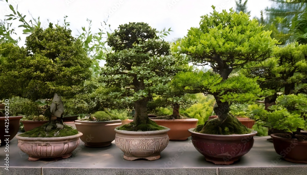 Fototapeta premium Outdoor display of meticulously shaped bonsai trees in classic pots