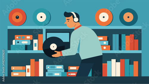 A customer surveys the impressive vinyl record collection at the repair shop noting that they recognize many of the previously deemed unsalvageable Vector illustration